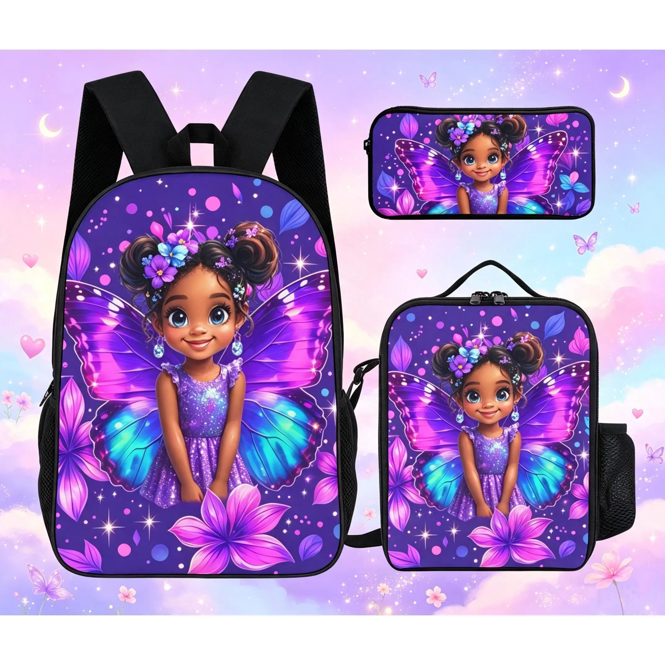 Girl Fairy Butterfly Printed Purple Floral Pattern Student Schoolbag Set, suitable for children's daily use, travel and outdoor activities. Must-have three-piece set for the back-to-school season.