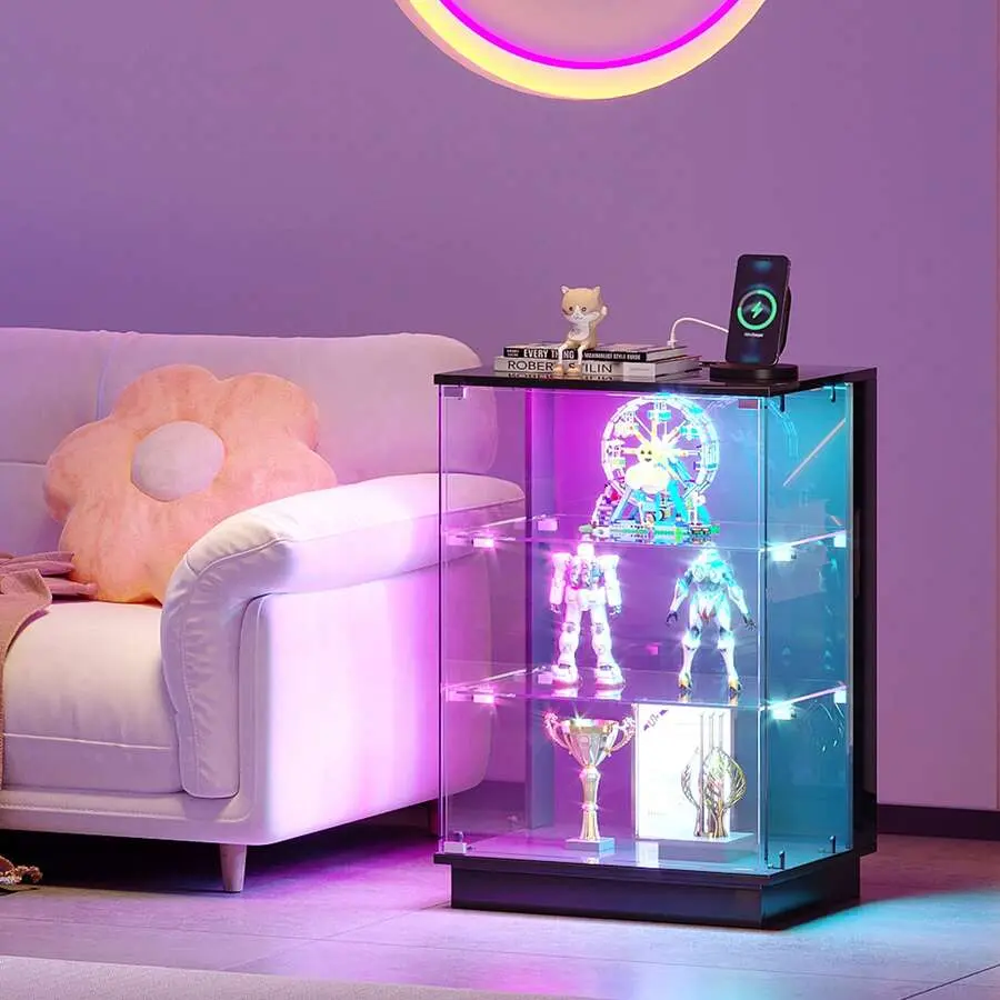 HNEBC LED Nightstand with USB-C Charging Station & Smart Lighting - Black, Motion Sensor Tempered Glass RGB Side Table with App Control, Adjustable Mobile Standing Display Cabinet with Hidden Compartment for Bedroom Entryway