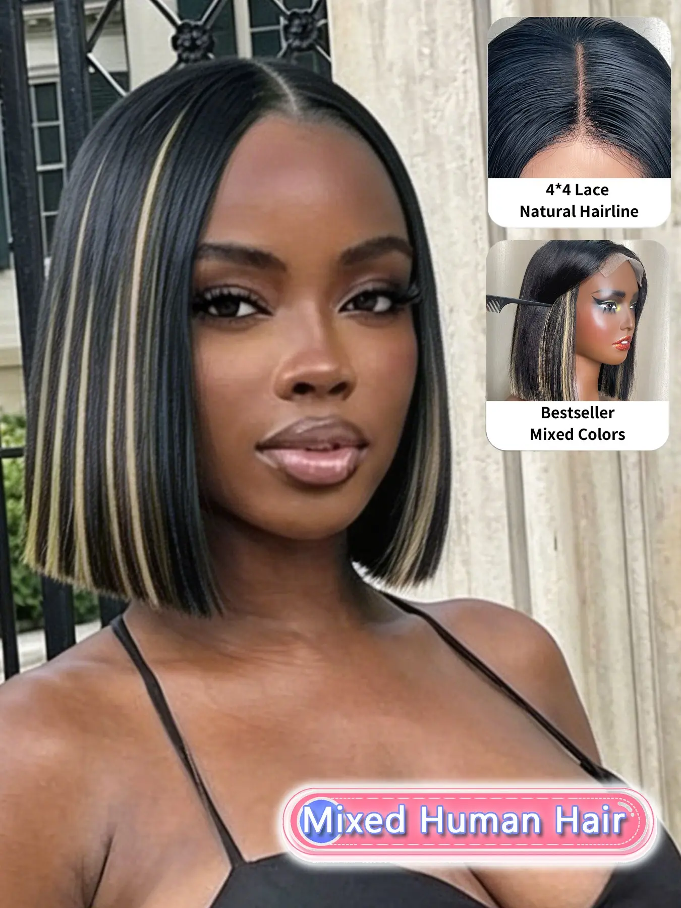 Human Hair 4x4 Lace Bob Wig，Double Drawn Mixed Color Blunt Cut Short Straight Wig,Middle Part Lace Hairline, Natural Comfortable Fit, Women's Summer Daily & Party, Lace Front Bobs