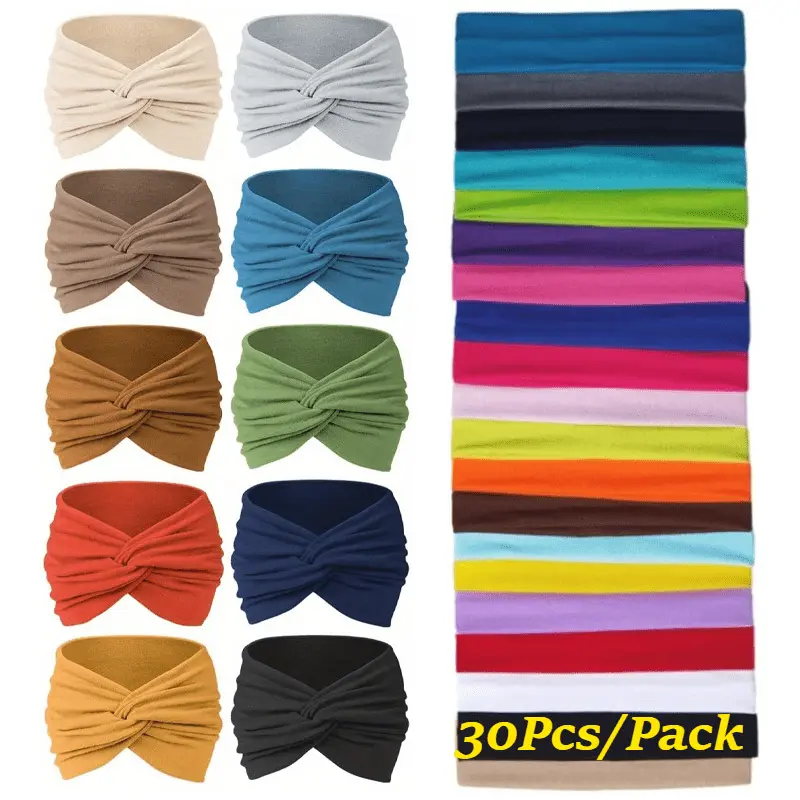 30Pcs/Pack Ladies' Elegant Solid Color Two Styles Daily Headband, Elastic Elastic Sweat Absorbing Breathable Candy Colored Knot Sports Headband, Daily Face Washing Yoga Fitness, Hair Accessory Gift Set for Friends