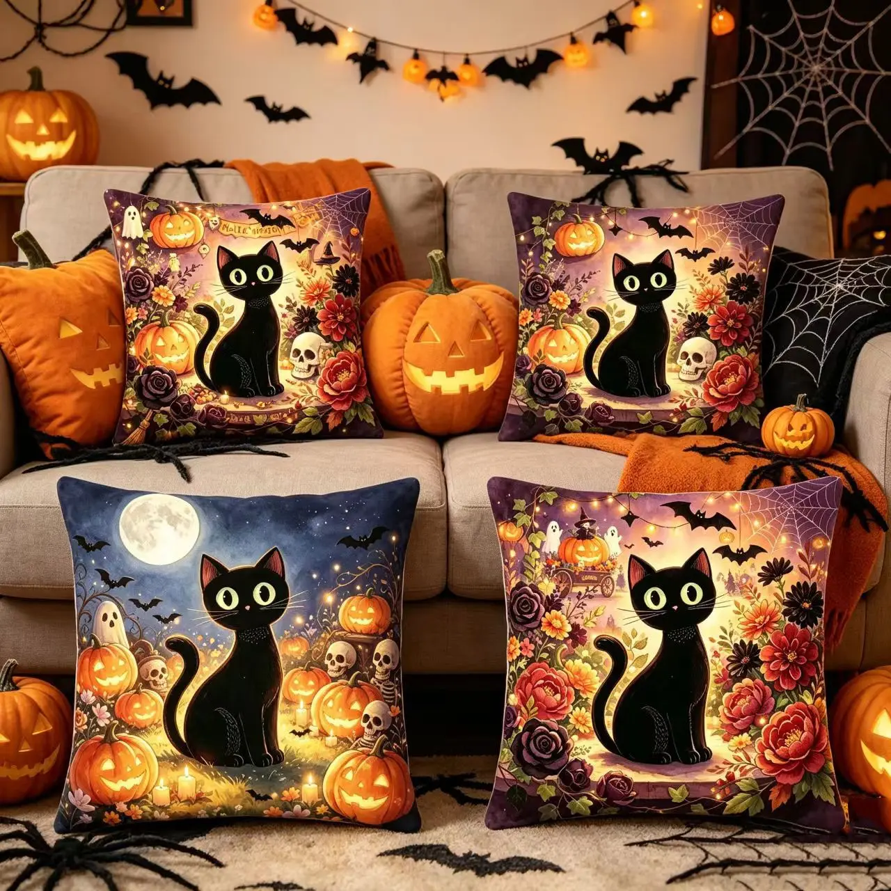 4-Pack Halloween Pillowcases, Cat Skull Floral Design, Soft Fabric, Easy to Clean, Perfect for Halloween Decor, Bedroom Sofa Accessories