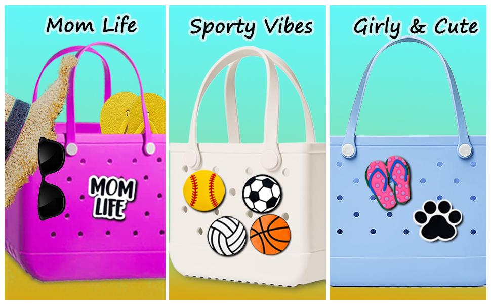 Charm for Bogg Bag Accessories,PVC Rubber Decorative Inserts for Bogg Bag Original & All Models, Personalize Your Tote, Sport & Girl Themes, Fits Simply Southern & Other Beach Bag