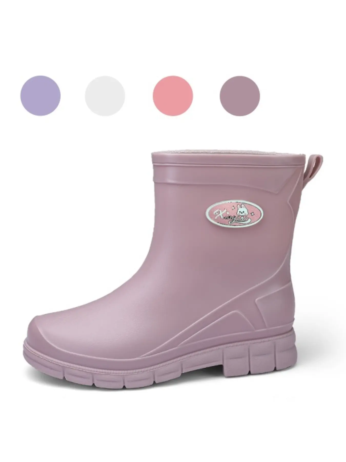 Block Lug Deep Ground Grip Flat Sole Women Mid Rain Boots, Solid Matte Cartoon Oval Label Waterproof Footwear Rubber Shoes For Beach Tide Picking Lake Strolls
