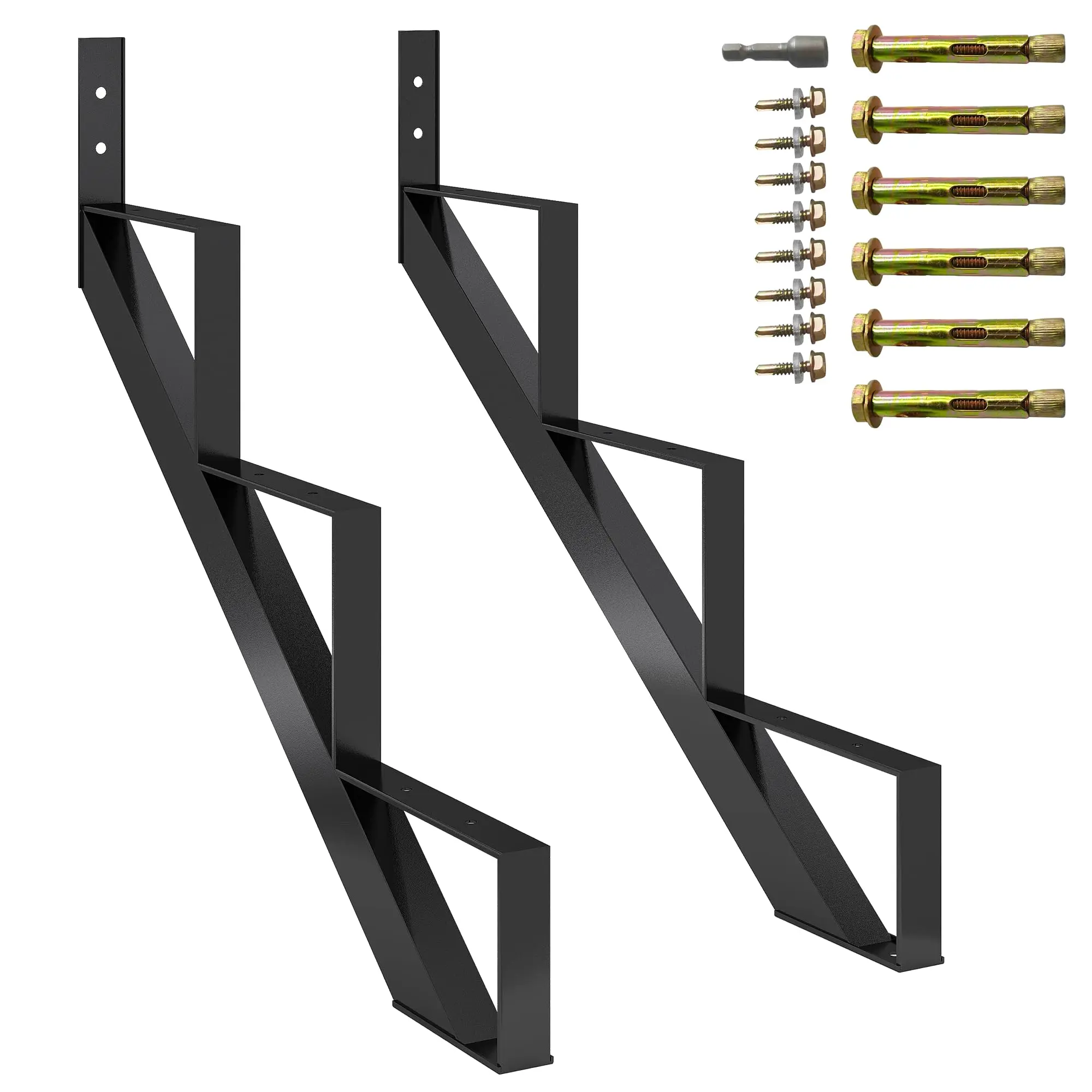 Black Metal Stair Riser 3-Step Steel Stair Stringer with Gloves DIY Step Frame | Heavy Duty Steel, Wood, Heavy Duty, Durable, Easy Install, Versatile, Powder Coating, Outdoor, Indoor, Garden