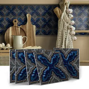 12/24Pcs Premium Luxury Gold Framed Starry Blue Agate Geode Textured Square Tile, Ornate Accent Tile for Villa, Hotel Lobby & Upscale Space Interior Design