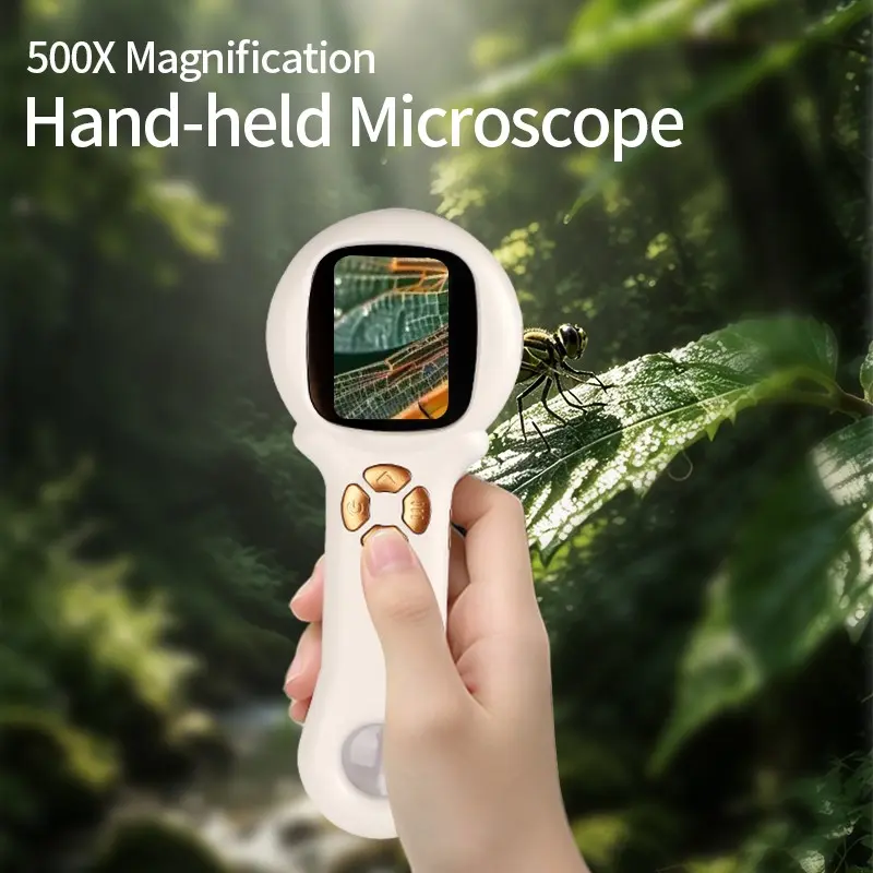 Handheld Electronic Microscope with Screen, 500x Optical & Digital Zoom, 2mp Camera, LED Light, Stem Toy, Ages 6+, Rechargeable Battery