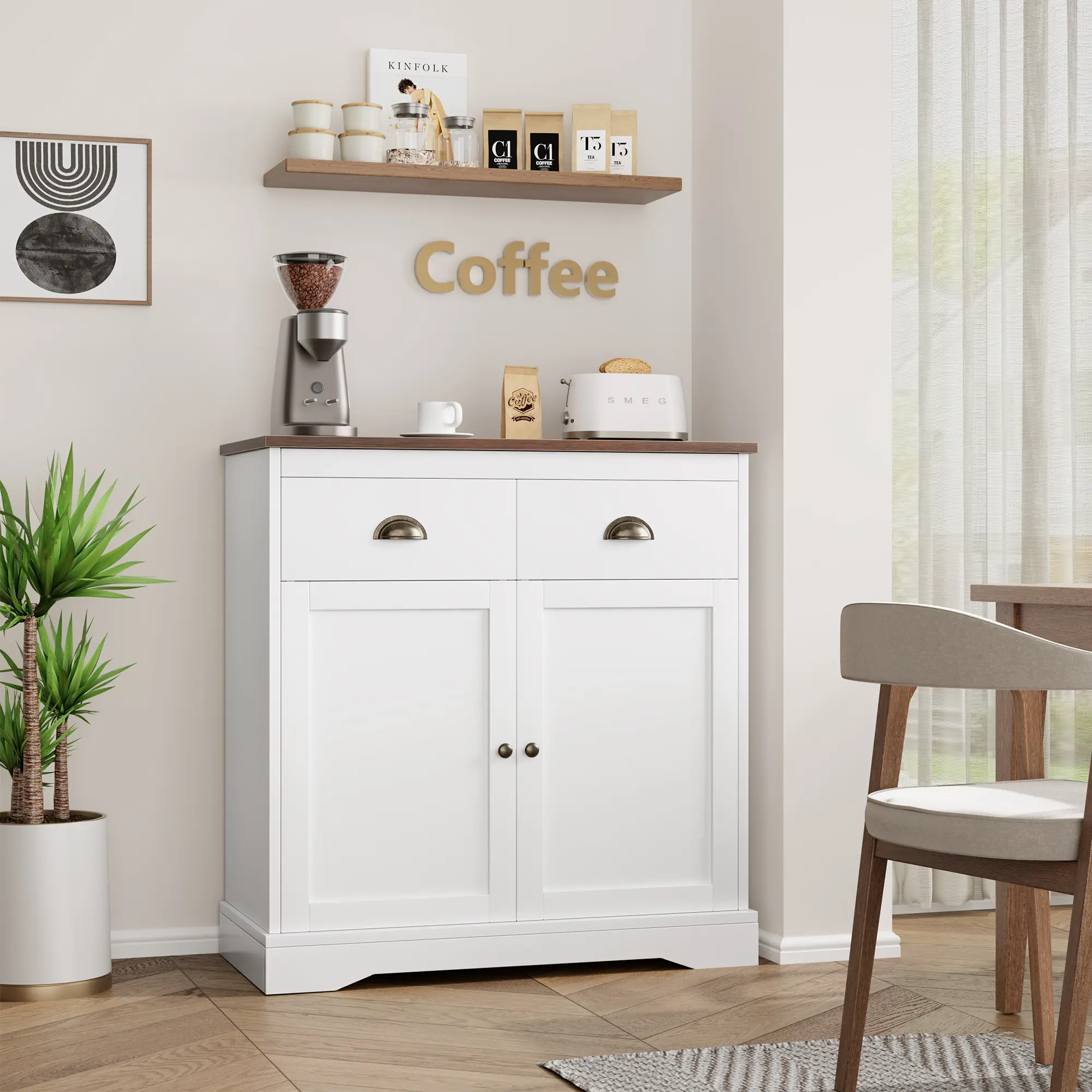 Garvee Spacious Storage Solution Buffet Cabinet – White Wooden Sideboard with 2 Doors, 2 Drawers, Adjustable Shelves – Farmhouse Coffee Bar for Kitchen, Dining & Living Room – Easy Assembly