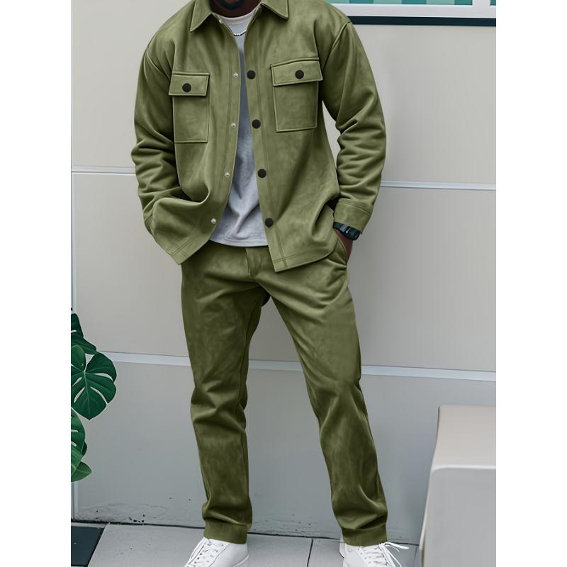 2pcs Men'S Casual Solid Color Sweatsuit Set, Polyester Knit Fabric with Slight Stretch, Regular Fit, with Lapel Collar, Button Details, for Spring/Fall - Fashionable American Style Workwear Jacket and Pants Combo