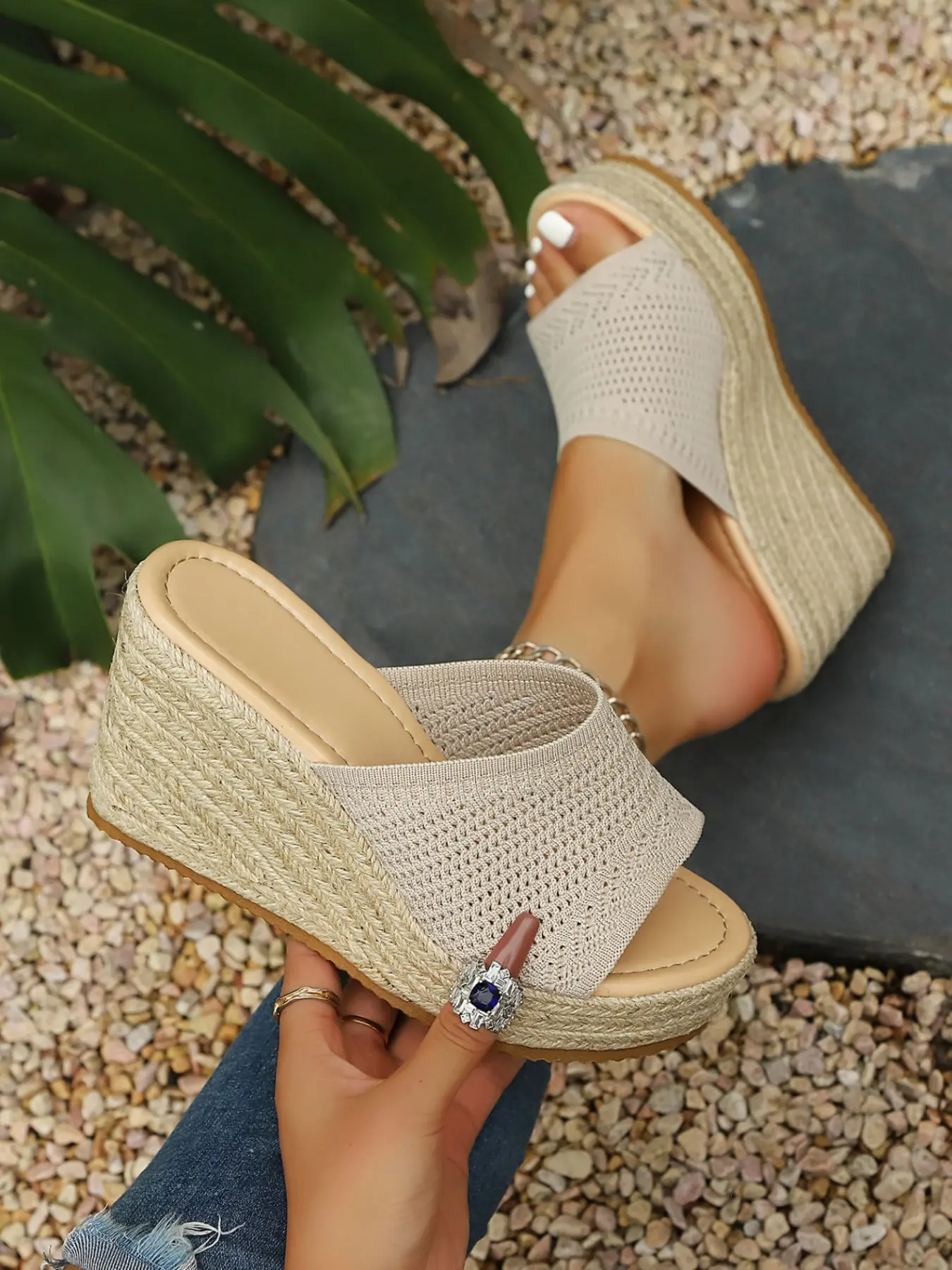 Women's Fashion Wedge Heel Thick Sole Sandals, Hemp Rope Bottom Elastic Fabric, Summer Wear, Perfect for Events and Parties