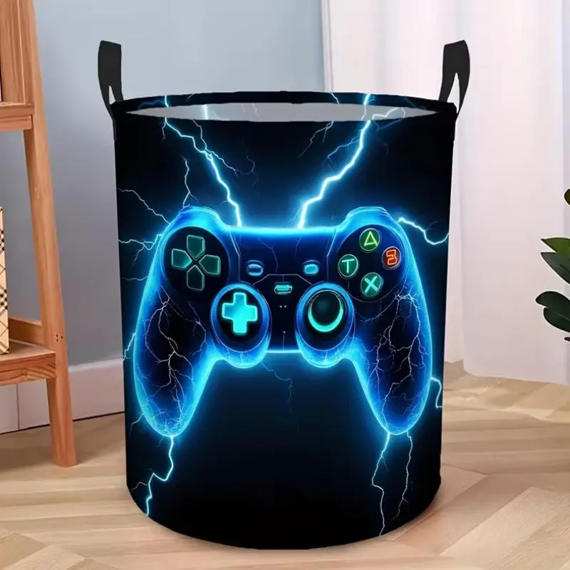 A Game-Themed Lightning Pattern Collapsible Laundry Basket - a Round Storage Bin Designed Like a Controller, Space-Saving, Suitable for Gamers, Bedrooms, Bathrooms, And Closets - a Modern Home Decor Gift with a Bold Design And Sturdy Handles