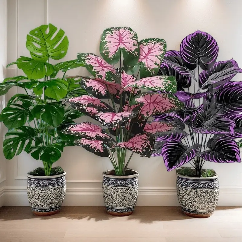 3-Pack Outdoor Artificial Green Plant Combination Set, All-Season Evergreen with 36 Large Leaves, Suitable for Home Decor, Easter, Independence Day, Christmas Ground Decoration, Indoor & Outdoor Use, No Container
