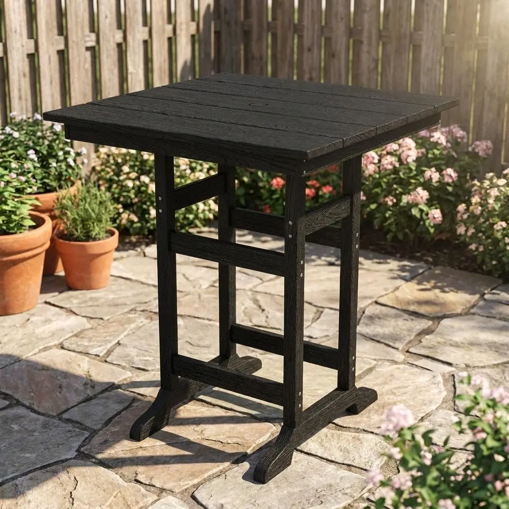 31.5" Square Brown HDPE Wood Grain Outdoor Bar Table, 39.6" High Weatherproof Pub Table for Patio & Poolside, 300lb Capacity, Umbrella Hole