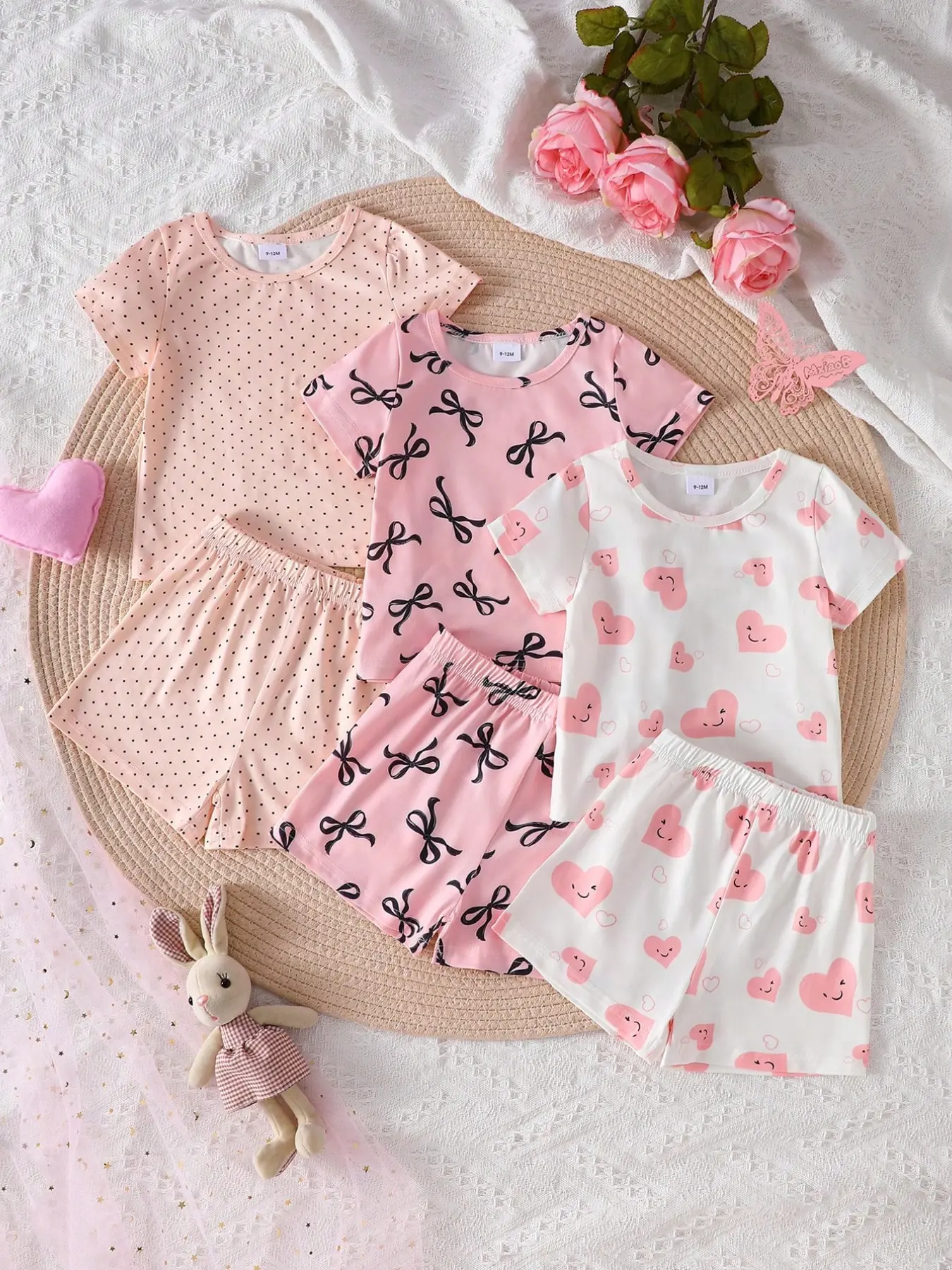 Three Sets (six Pieces) Girls' Casual Butterfly Heart Dot Pattern Soft Comfortable Flame-Retardant Knit Short Sleeve T-Shirt Shorts Set Summer Outfits Set