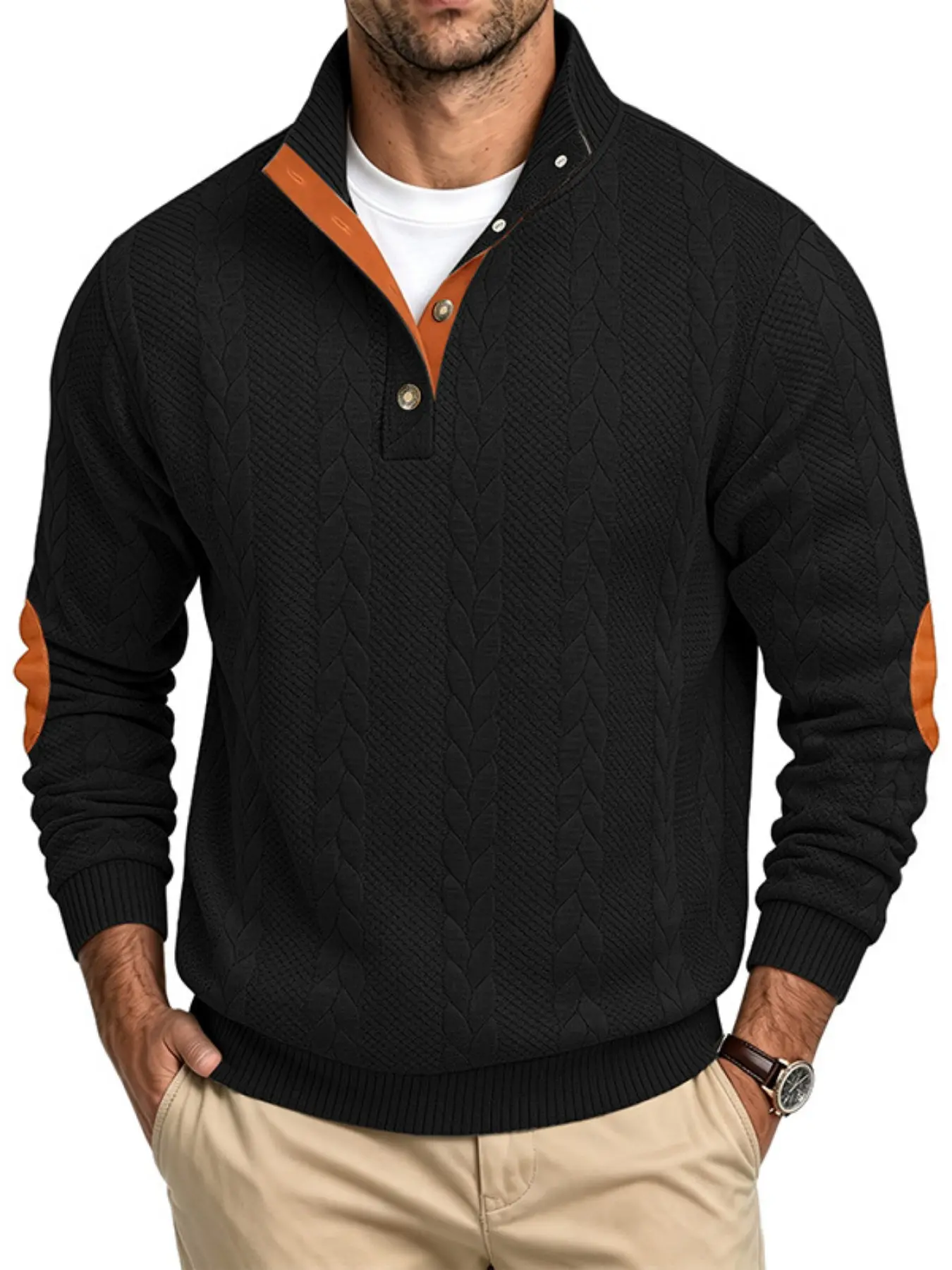 Men's Fall Winter Jacquard Button Stand Collar Patch Design Henley Long Sleeve Sweatshirt, Vintage College Commute Casual Daily Wear