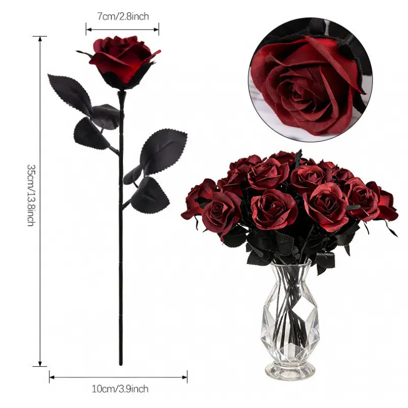 11 Stems Artificial Roses Realistic Gothic Wedding Halloween Home Office Hotel Decor Romantic Room Accent