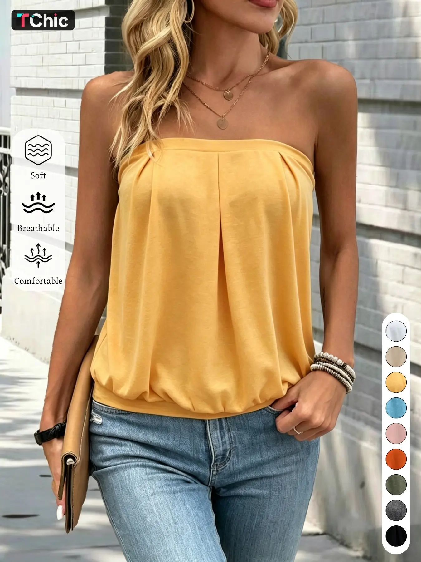 New Summer Women's Solid Color Strapless Slim Top, Wrinkled Design, Elegant Fashion, Commuter Wear, Versatile Date, Chic