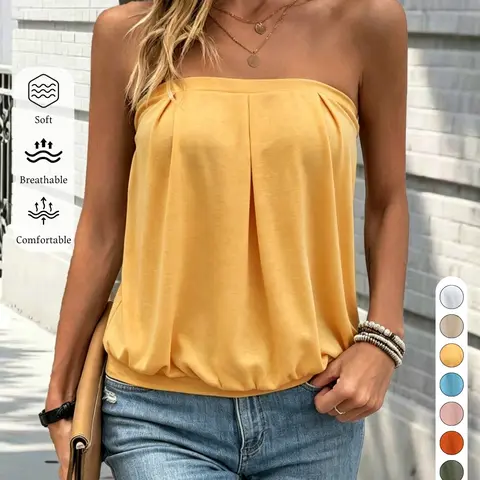 New Summer Women's Solid Color Strapless Top, Slim Tank Top, Wrinkled Design, Elegant Fashion, Commuter Wear, Versatile Date, Chic