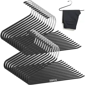 35 count Pants Hangers Non Slip, Space Saving Open Ended Metal Pant Hangers, Jean Hangers for Men and Women, Closet Storage Organizer for Clothes Leggings Slacks Trouser Ties (Black)