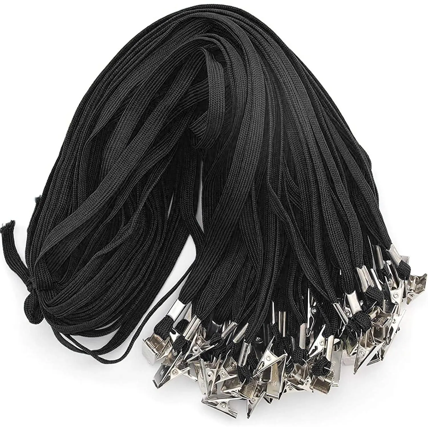 100-Pack Synthetic Black Badge Lanyards - 32 in Flat & Round Lanyards with Badge Clip for Office Identification Supplies