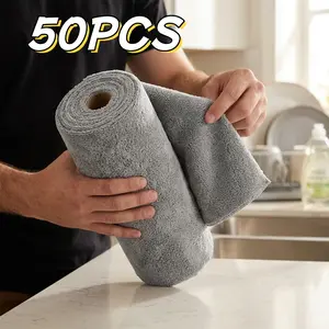50-Pack Extra-Thick Microfiber Cleaning Cloths: Highly absorbent, lint-free cleaning towels suitable for repeated use in homes, kitchens, and automobiles—featuring a tear-off roll design.