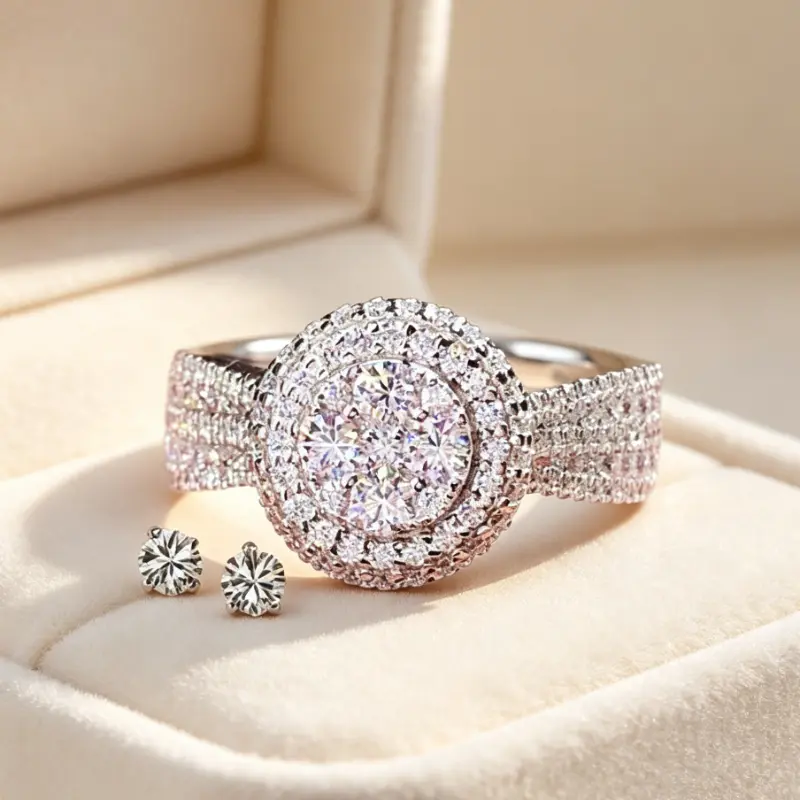 Double Halo Round Cluster Statement Ring And Stud Earring Set, Multi-Row Pave Band Matching Jewelry Set, Luxurious Bridal Style Set for Women Valentine Gift Christmas Holiday Evening Party Beautiful Rings Floral Design Ring
