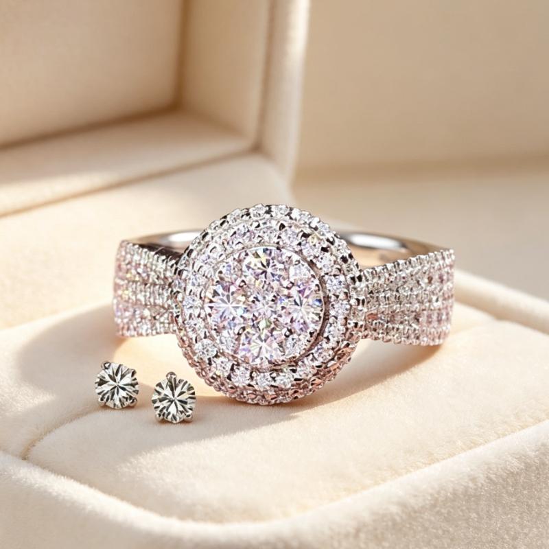 Double Halo Round Cluster Statement Ring And Stud Earring Set, Multi-Row Pave Band Matching Jewelry Set, Luxurious Bridal Style Set for Women Valentine Gift Christmas Holiday Evening Party Beautiful Rings Floral Design Ring