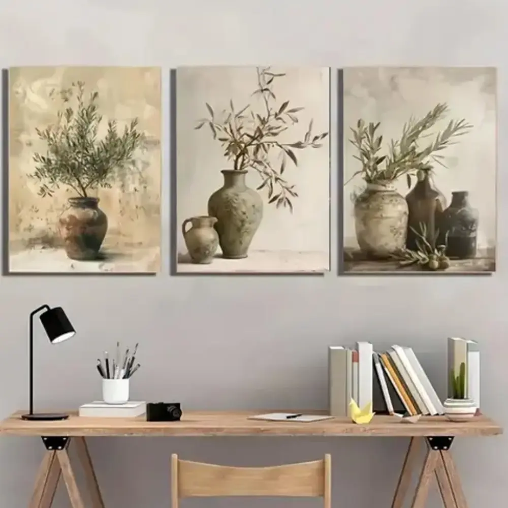 3-Piece Vintage Olive Branch Canvas Wall Art Set with Wooden Frame, Modern Country Style Decor for Living Room Bedroom Kitchen Hallway