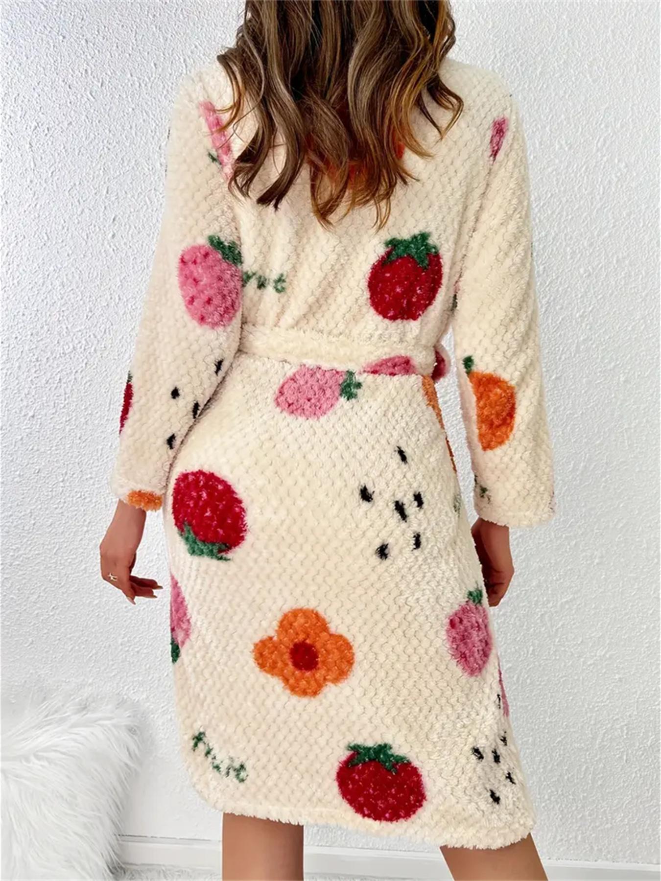 Women Flannel Bathrobe, Floral Fruit Print Shawl Collar Long Sleeve Dressing Gown with Pocket, Soft Textured Casual Loungewear Robe for Fall Winter Home Wear