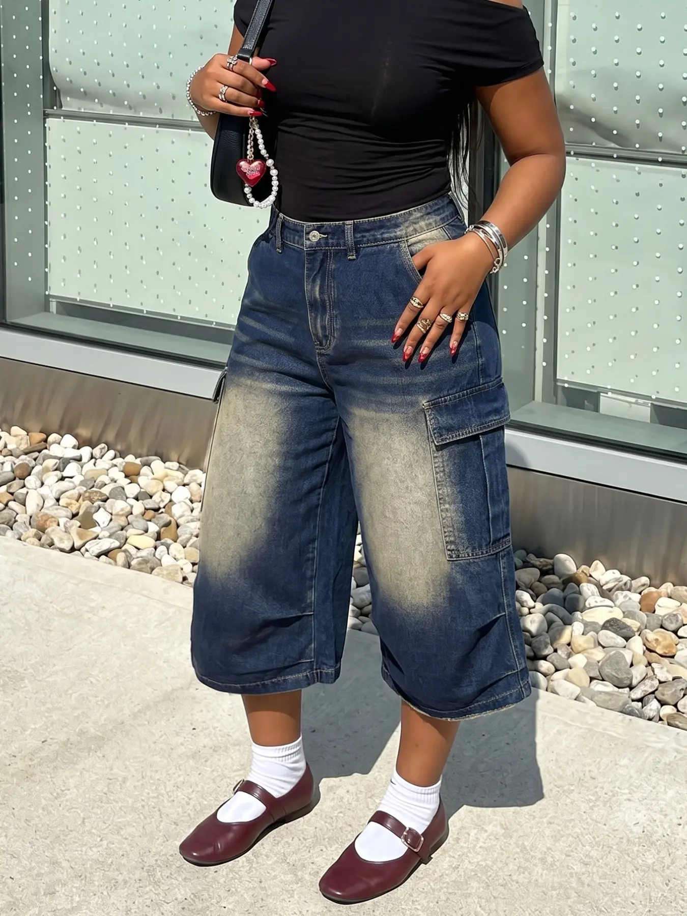 Plus Size Vintage Washed Dual Waist Wide Leg Cargo Denim Jeans Capri Jorts, Curvy Front Button Elastic Back, 90s Y2K Streetwear Culottes