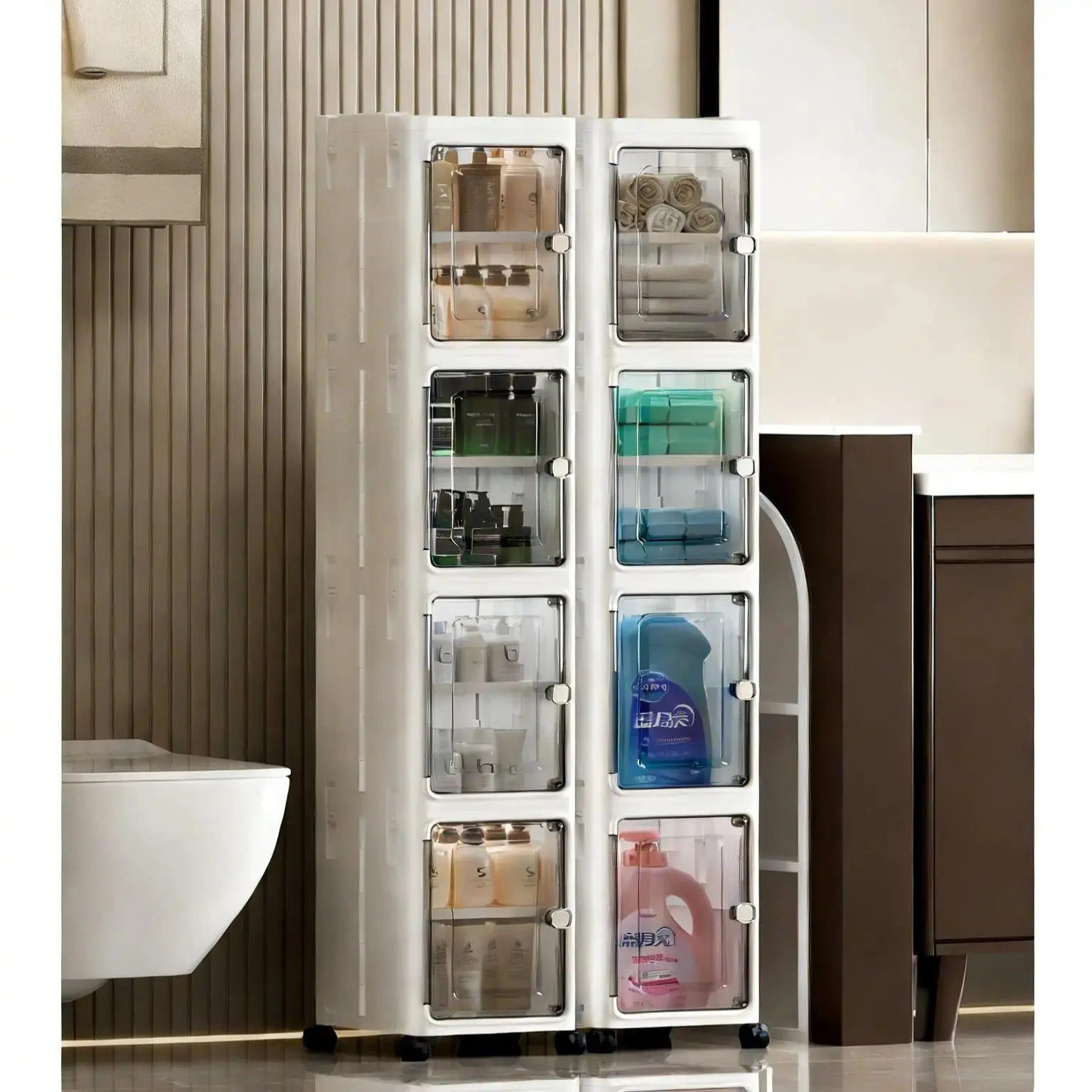 5-Tier Square Simple Plastic Storage Bins with Dustproof Lids, Stackable Rolling Organiser, Collapsible Folding Boxes for Living Room, White 157cm