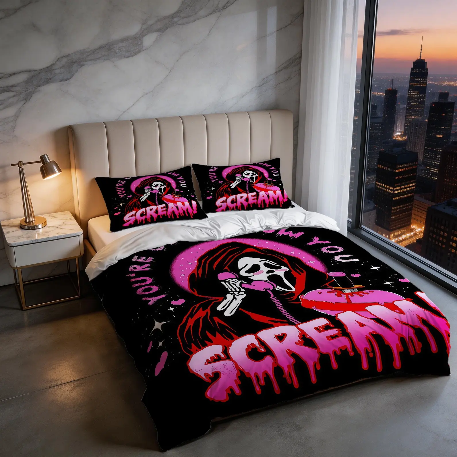 Scream Halloween Pattern Duvet Cover Set, Print Bedding Set, Including 1 Duvet Cover And 1 Or 2 Pillowcases, Excluding Duvet Core And Pillow Core, Gothic Thriller Horror Movie Atmosphere, Halloween Bedroom Bedding Set For Horror Movie Fans