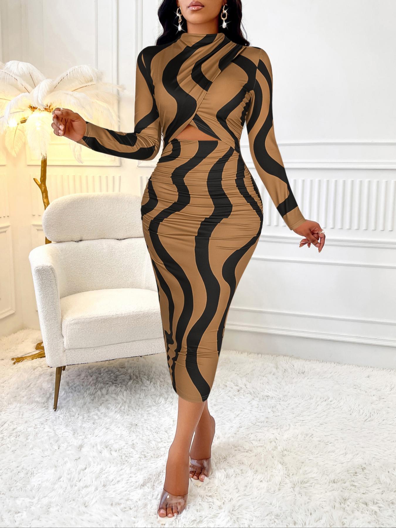 Aliling Women's Colorblock Print Cut Out Bodycon Dress, Elegant Chic Fashion Casual Long Sleeve Dress for Daily Outdoor Wear, Women Dress for Spring Fall