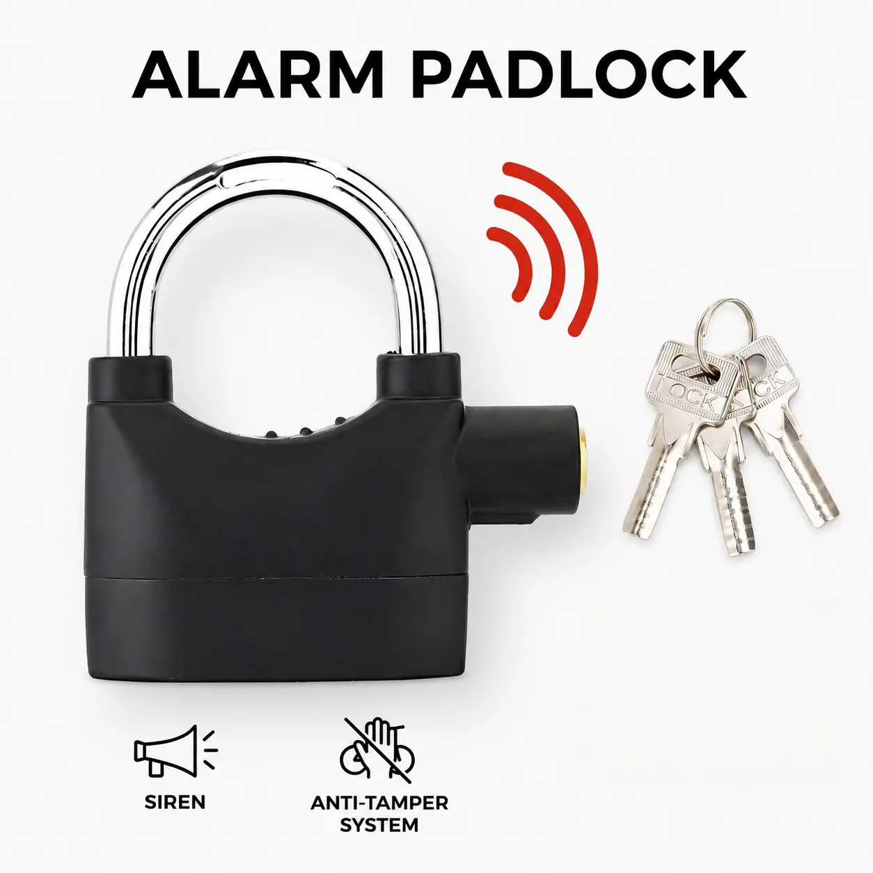 110dB Alarm Padlock, Heavy-Duty Outdoor Security Lock with 3 Keys, Anti-Theft Siren Lock for Gates, Garages, Sheds, Bikes and Storage Units