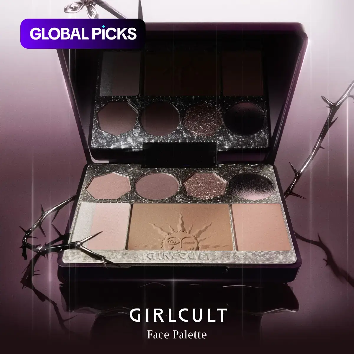 GIRLCULT Brown-Purple Eyeshadow Blush Contour All-In-One Palette, featuring purple glitter, matte black-brown eyeshadow, brown contour and pink-silver fine shimmer highlight, Radiant Glow, Makeup Beauty Cosmetics Products
