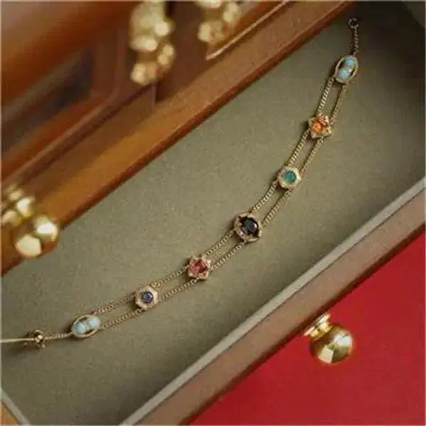 Luxury Fashion 9K Gold Garne Ruby Emerald Sapphire Opal Topaz Tourmaline Gemstones Hollow Lace Bracelets Cuff Jewelry For Women