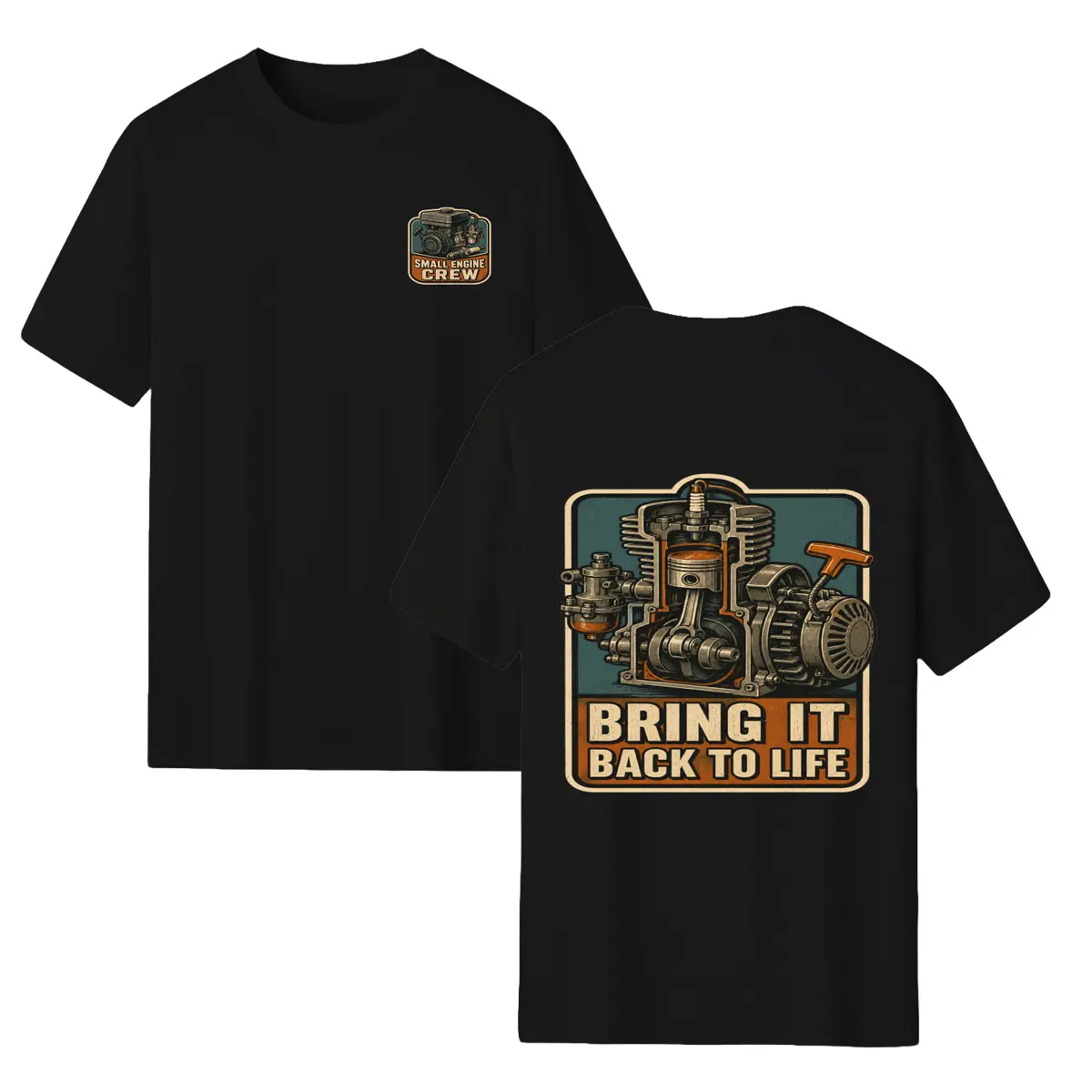 Men's Small Engine Mechanic T-Shirt - Bring It Back to Life Back Print, Small Engine Crew Front Chest Repair Tee