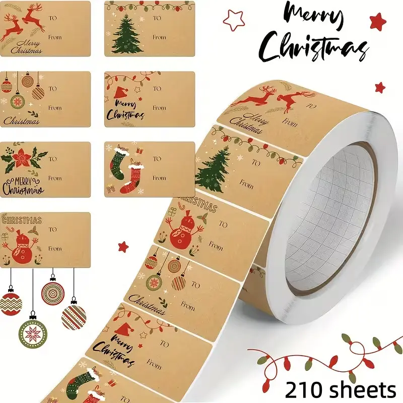 210 Sheets Christmas Gift Label Sticker, Self-Adhesive Kraft Paper, Merry Christmas Design, & Holiday Decoration