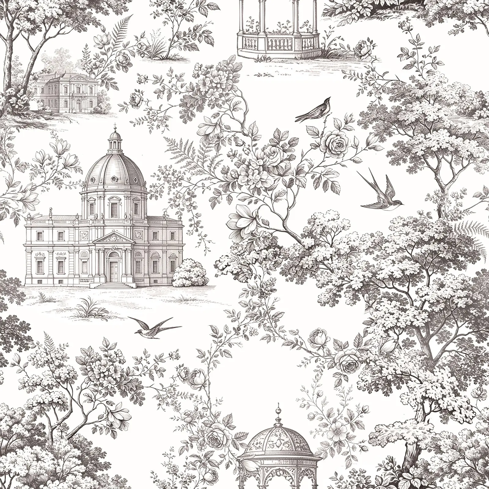 Vintage European Architecture Garden Sketch Removable Wall Paper, Self-Adhesive Classic Landscape Wallpaper, Peel-And-Stick Decorative Wallpaper for Bedroom Living Room Home Decor