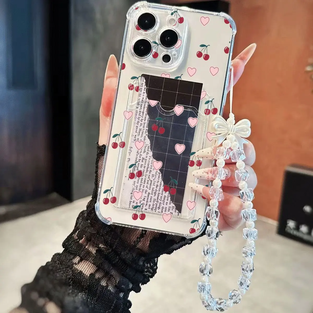 Red Cherry & Pink Heart Phone Case Y2K Sweet Aesthetic Shockproof Cover with Card Slot Smartphone Cover for iPhone11-17promax IPhone11/12/13/14/15/ Promax16/16Promax/16pro/16plus