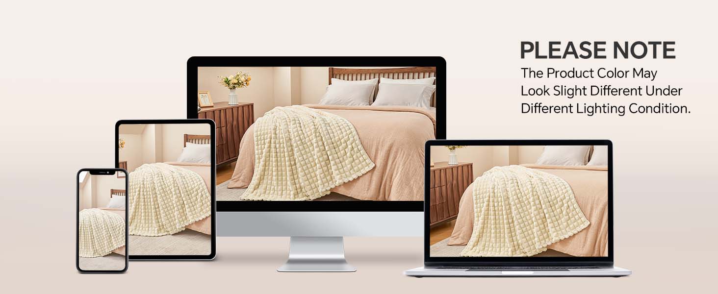 Cream Throw Blanket for Couch and Bed- Soft and Warm 3D Checkered Fuzzy Fleece Blanket, Luxurious Plush Cozy Blanket for Room, 50x60 inches