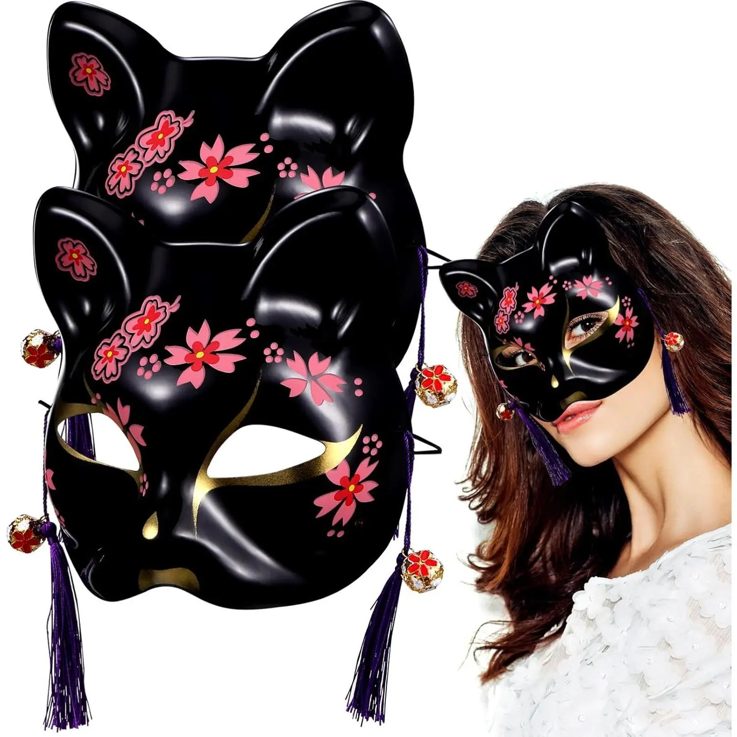 2-Pcs Sakura Cat Kitsune Half-Face Lightweight Masks, Cherry Blossom Design Accessories for Halloween Fox Masquerade Party Cosplay, Cherry Blossoms