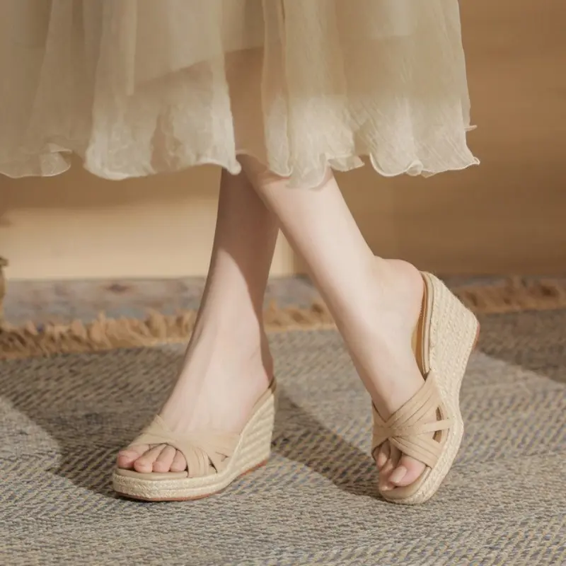 Women's Espadrille Wedge Sandals, Chic Crisscross Platform Slides, Breathable Open Toe Comfortable Walking Heels with Anti-Slip Rubber Sole, Walking Shoes, Footwear, Daily Wear