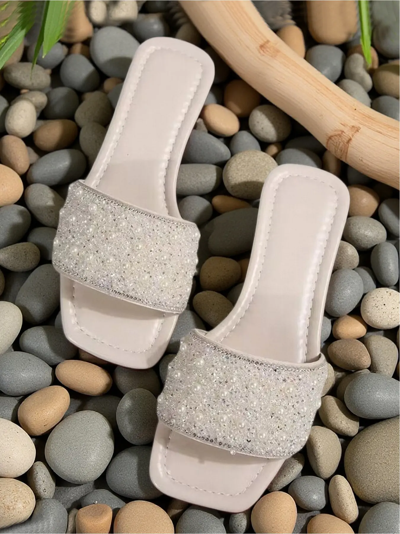 Elegant Open Toe Pearl Embellished Glitter Slides - Square Toe Sparkly Flat Summer Sandals