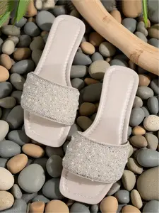 Elegant Pearl Embellished Glitter Slides - Square Toe Sparkly Flat Summer Sandals