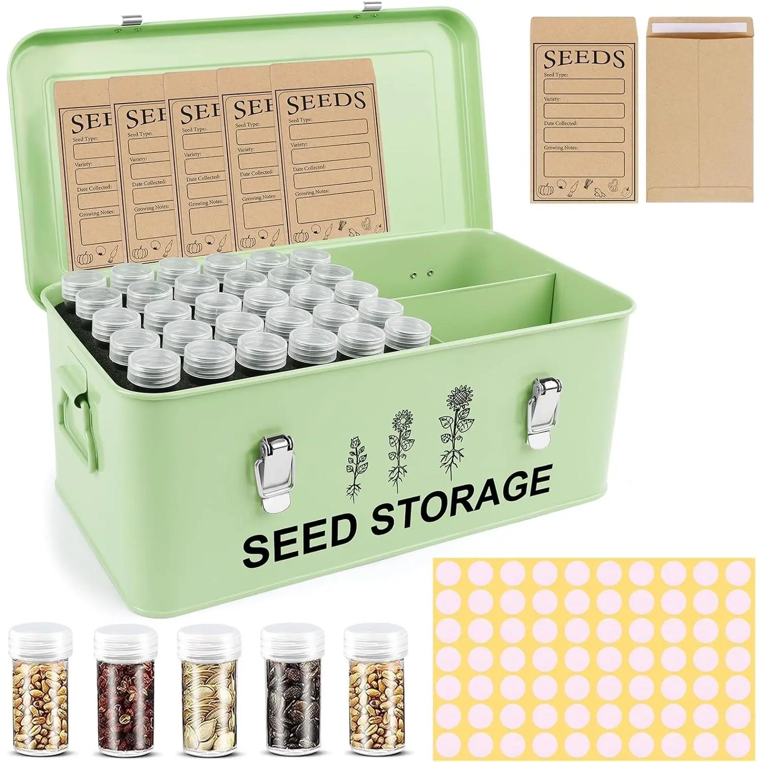 60 Slots Seed Storage Organizer, Metal Seed Saving Box with Lid and Safety Locks, Seeds Storage Container with 60 Seeds Envelopes and 64 Label, 3 Compartments, Perfect for Flower Plants Garden