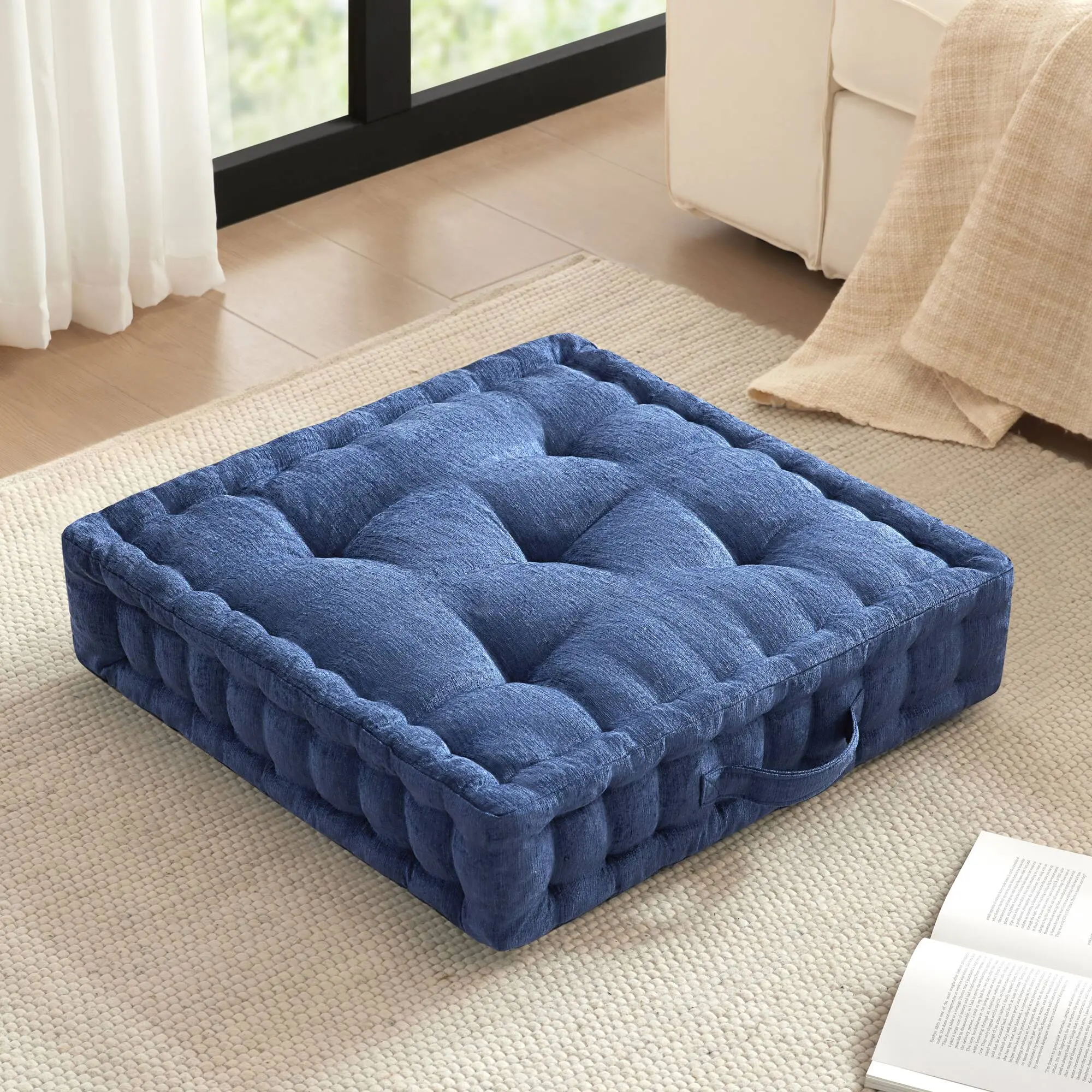 Nokaa Poly Chenille Square Floor Pillow Cushion 24x24 Inch Navy Blue – Soft Plush Floor Seating for Meditation, Yoga, Reading, Living Room, Bedroom, Dorm – Tufted Scalloped Edge Decorative Cushion