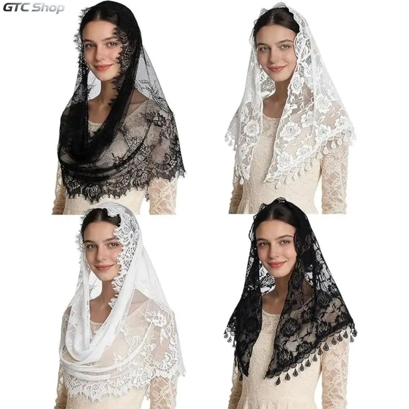 4 Pcs Catholic Lace Mantilla Veils, Christian Chapel Head Covering for Women, Elegant Bridal Lace Veil, Church Prayer Head Wrap, Traditional Religious Accessory for Mass, Wedding & Religious Ceremony