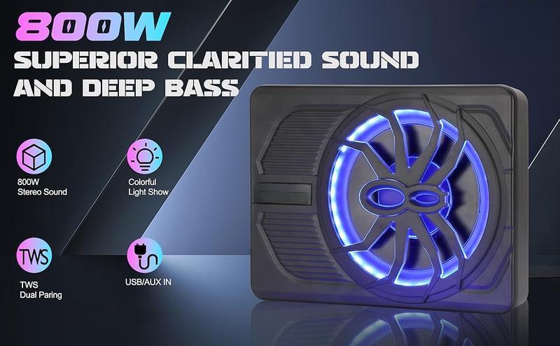 SUNDAY MIRTH 10" 800W Under Seat Car Subwoofer with Blue LED Lights & Bluetooth Control, 1200W Upgradeable, Android Auto Carplay Compatible, Portable Audio System for Enhanced Sound Experience