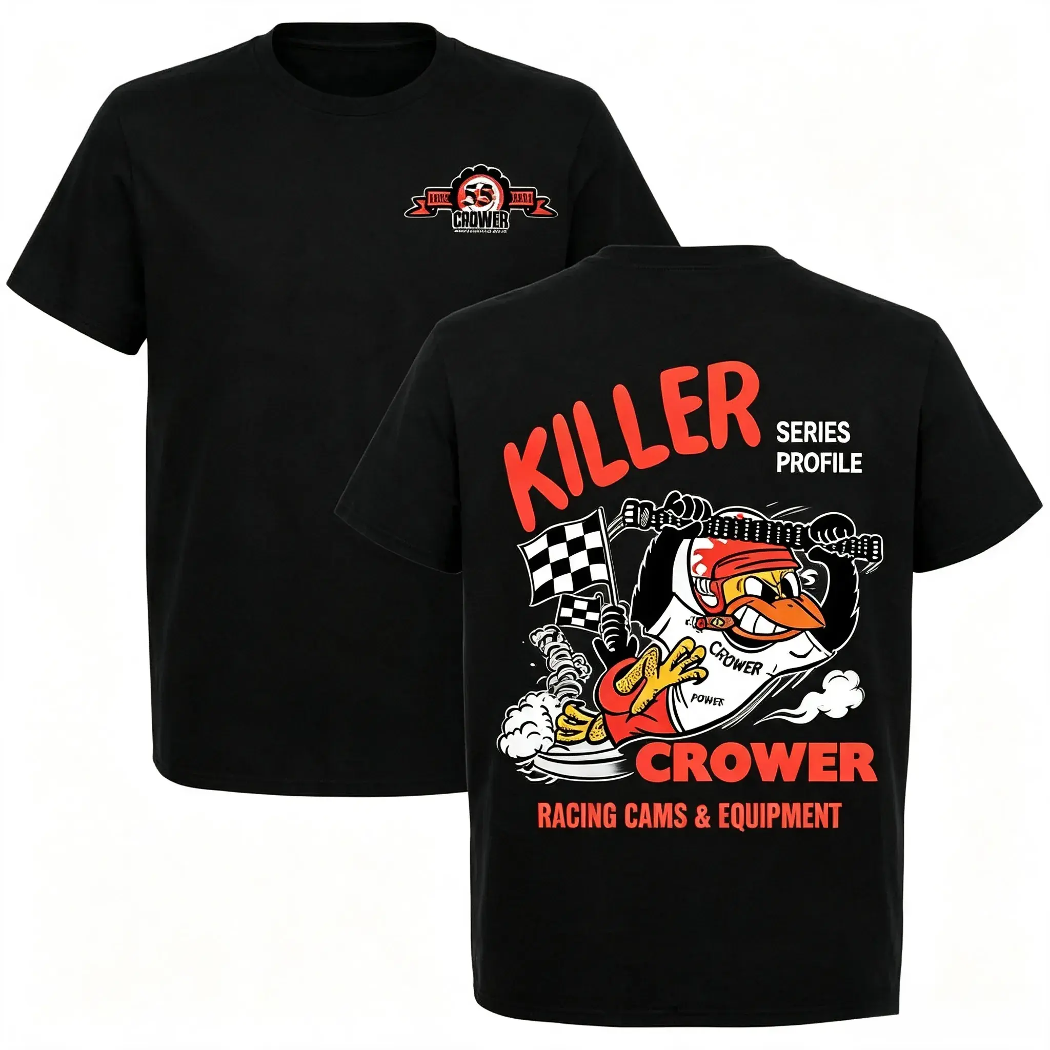 Crower Racing Cams T-Shirt, Killer Series Profile Cartoon Graphic, Crower Performance Cams & Equipment Graphic Shirt for Car Racers & Engine Builders, Gift for Motorsport Enthusiasts or Speed Junkies