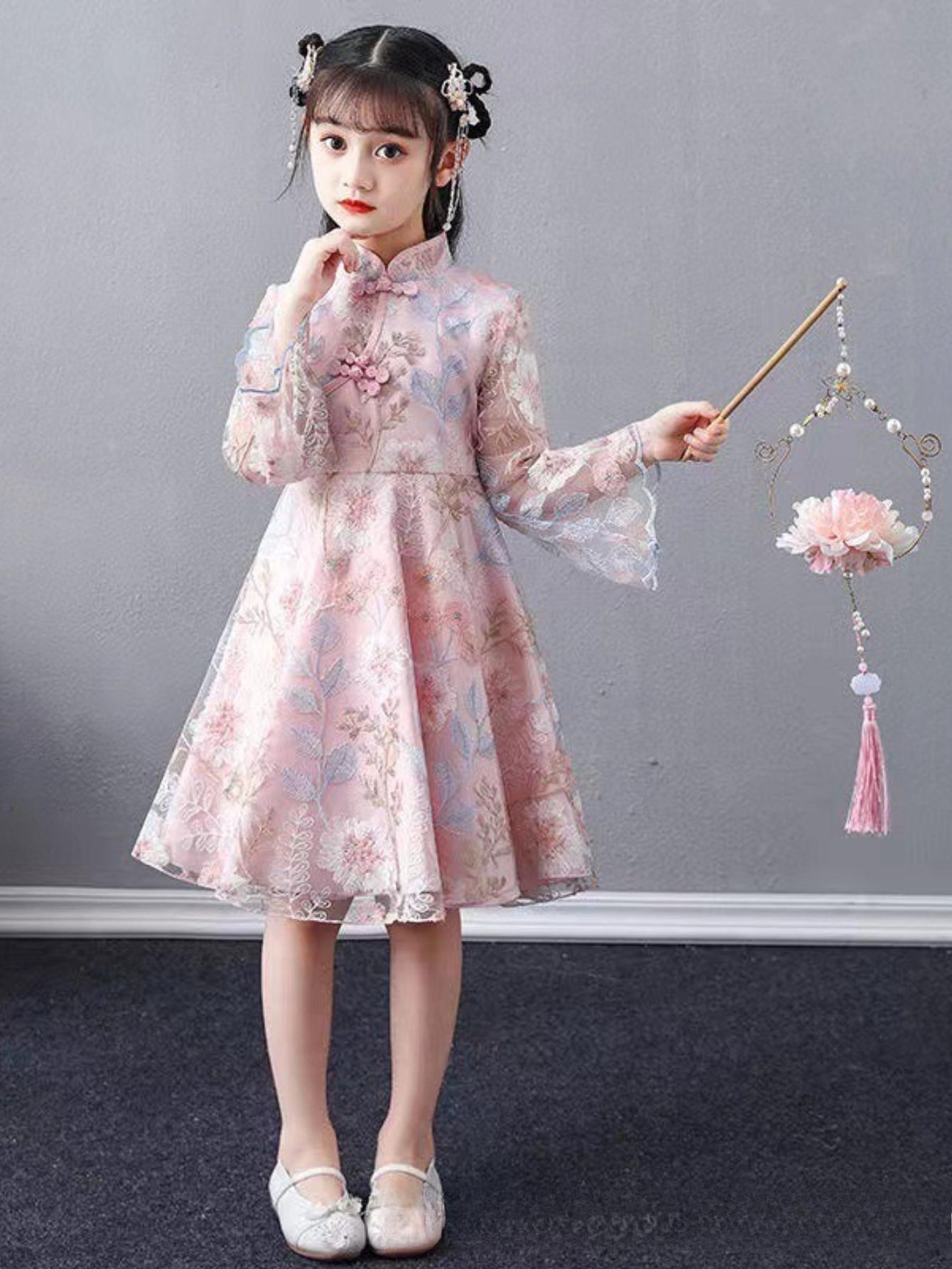 NewSummer Princess Dress for Girls Featuring New Chinese Style Jacquard Embroidery Mesh Elegance Traditional Hanfu